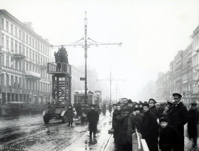 Workers carrying out repairs to tram lines, St Petersburg, c.1914 by Russian Photographer